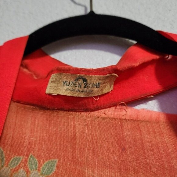 ANTIQUE 1930's‎ Japanese Kimono Yuzen Zome floral Wagasa print in red 30's - Picture 13 of 16